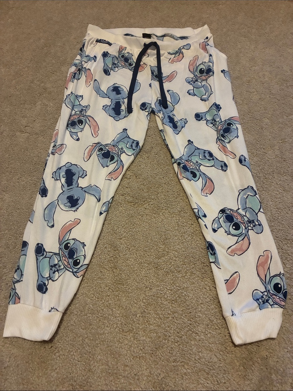 Disney White Pajama Bottoms with Blue & Pink Stitch Print